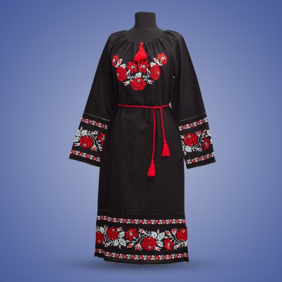 Embroidered dress "Roses" red on black